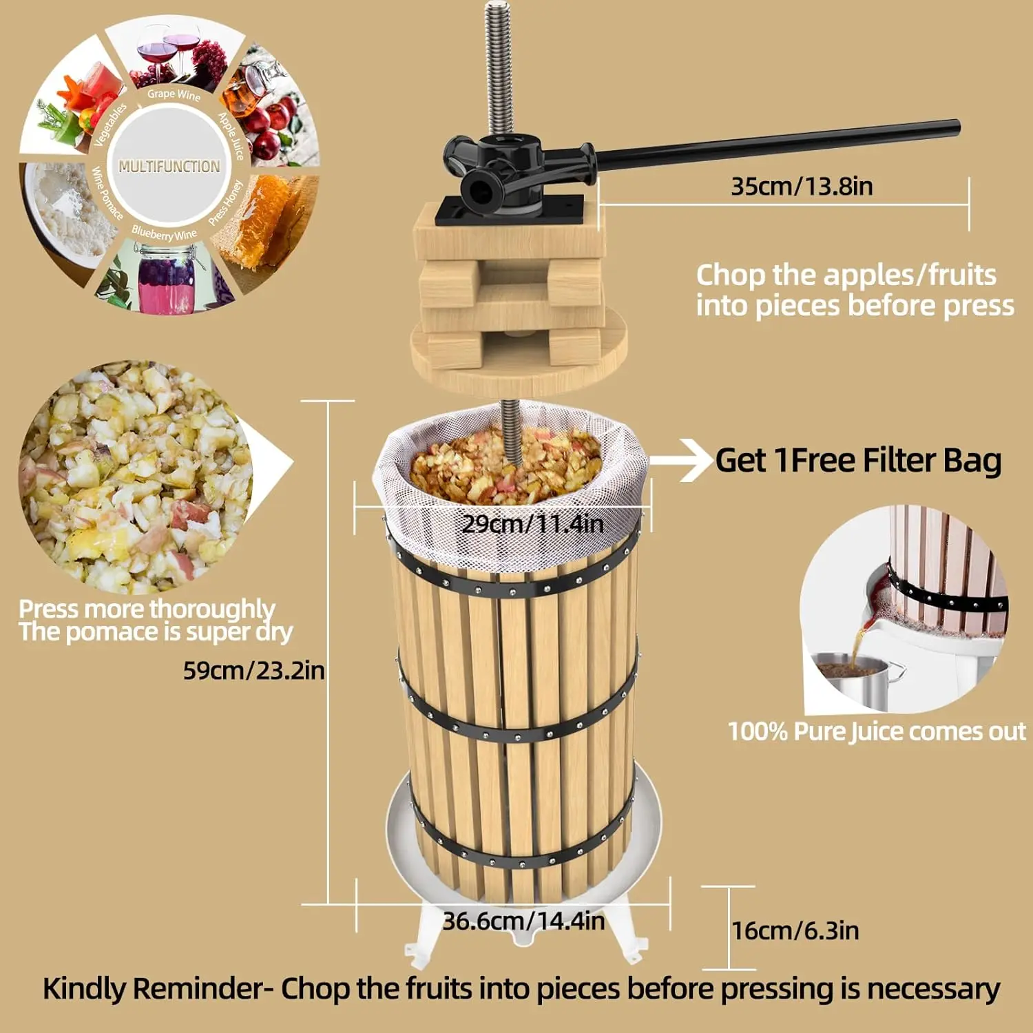 Fruit Press-7.9 Gallon/30L-Solid Wood Basket Wine Press-Vintage traditional juicer-6 Press Wooden Blocks-Pole Han