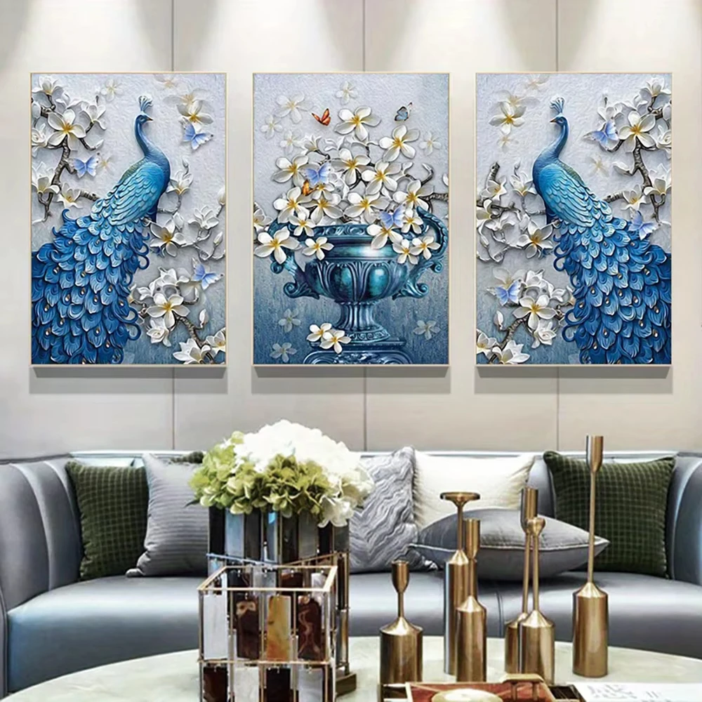 Vintage Blue Peacock and White Flower Wall Art Canvas Painting Posters and Prints Nordic Living Room Home Decoration Pictures