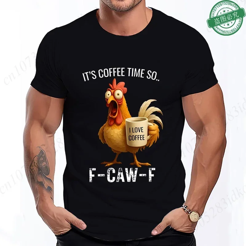 It's Coffee Time So F-CAW-F T-Shirt for Men, Funny Rooster Coffee Graphic Short Sleeve Tees, Coffee Lovers Oversized clothing