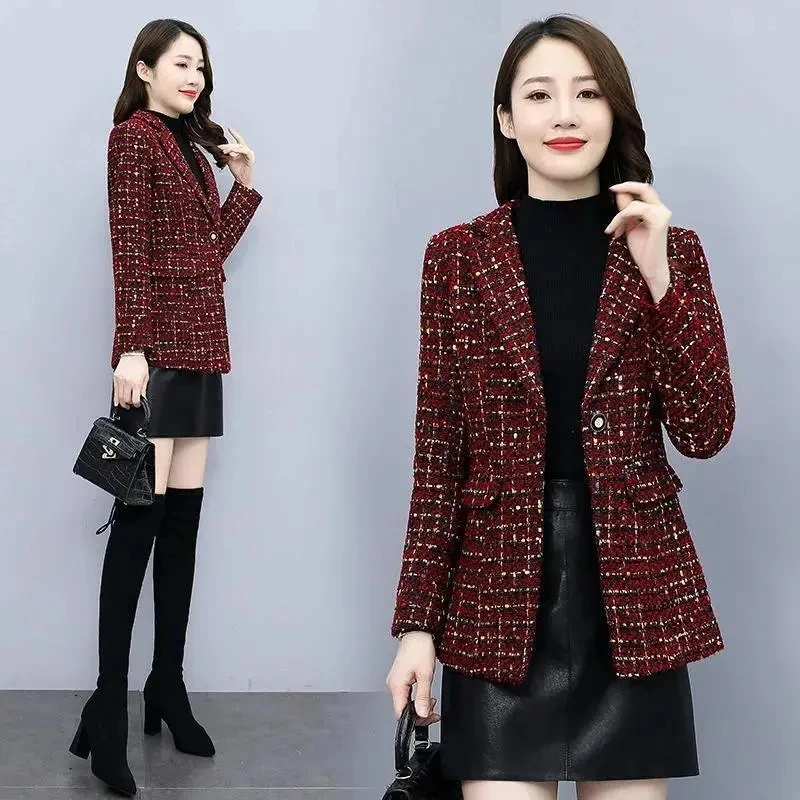 2023 NEW Women Autumn Winter Women Tweed Woolen Coats Fashion Casual Blazer Coat Vintage Long Sleeve Female Blazers Outerwear