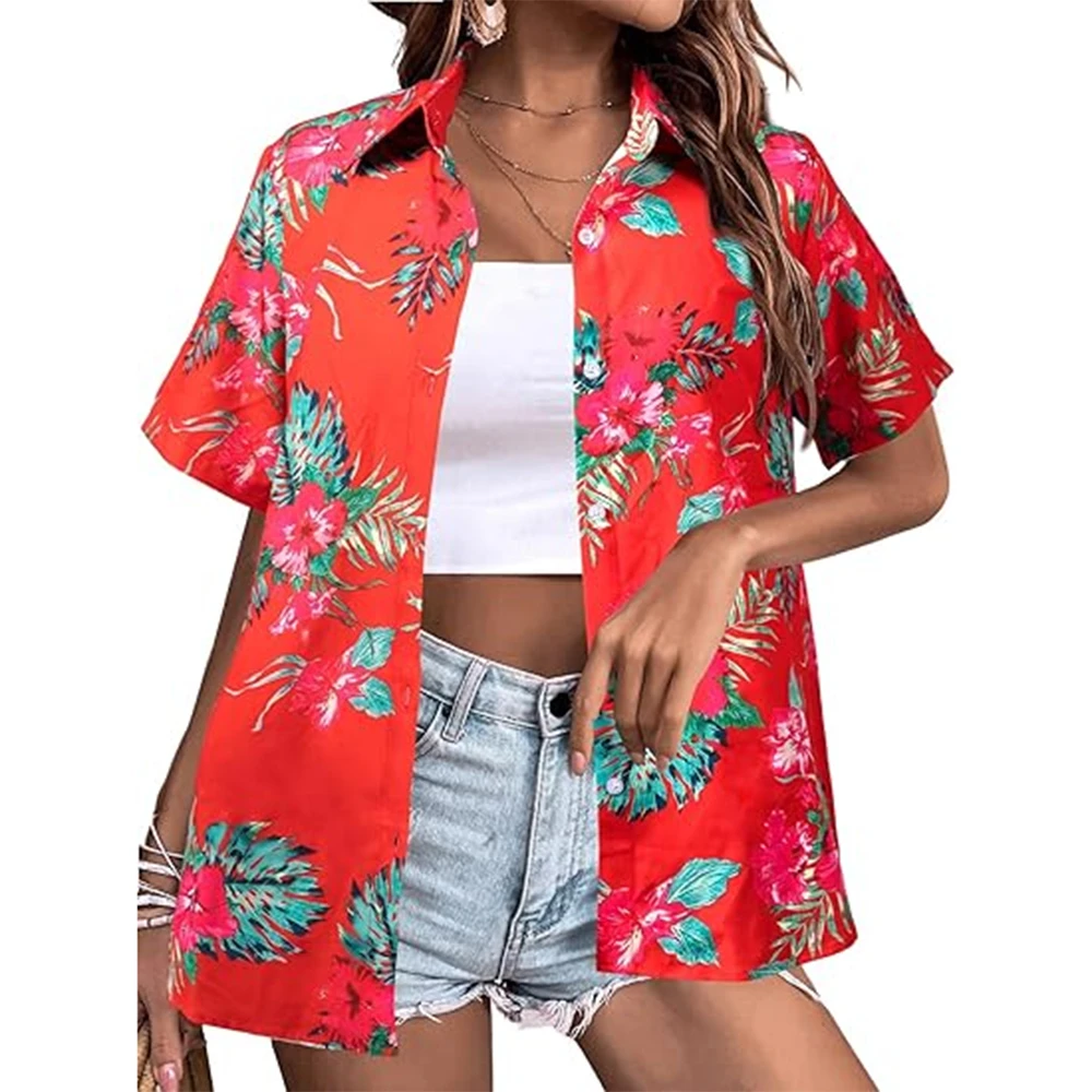 Fashionable Summer Single Breasted Shirts & Blouse Women\'s Basic Tops Short Sleeve Shirt Beach Hawaiian Shirts Summer Vacation