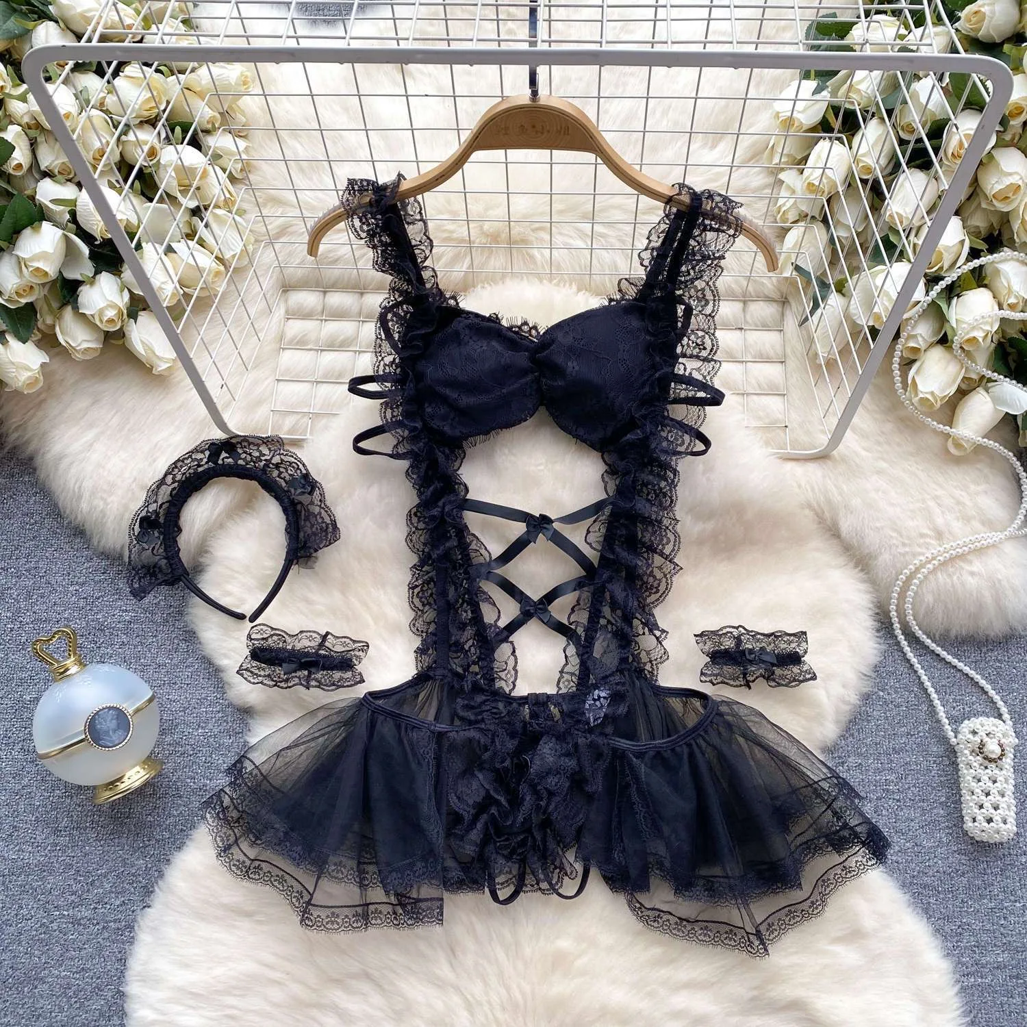 New Sexy Howllow Out Lace Jumpsuit Maid Outfit Maid Dress Cosplay HotSweet Classic Apron Maid Costume with  Headwear Bodysuit