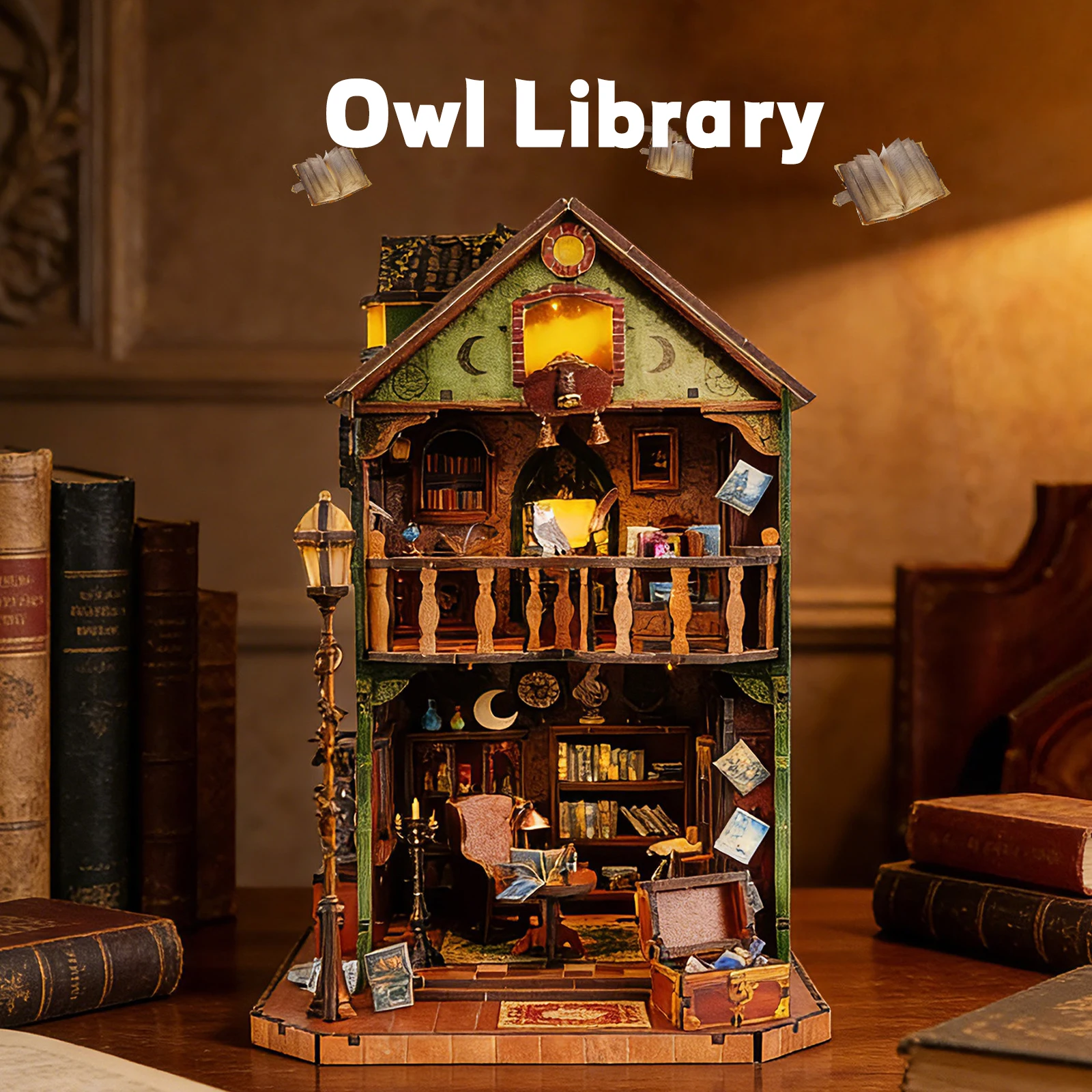 3d wooden puzzle for adults Owl Library book nook with lights model kit dollhouse DIY miniature house Birthday and Christmas gif