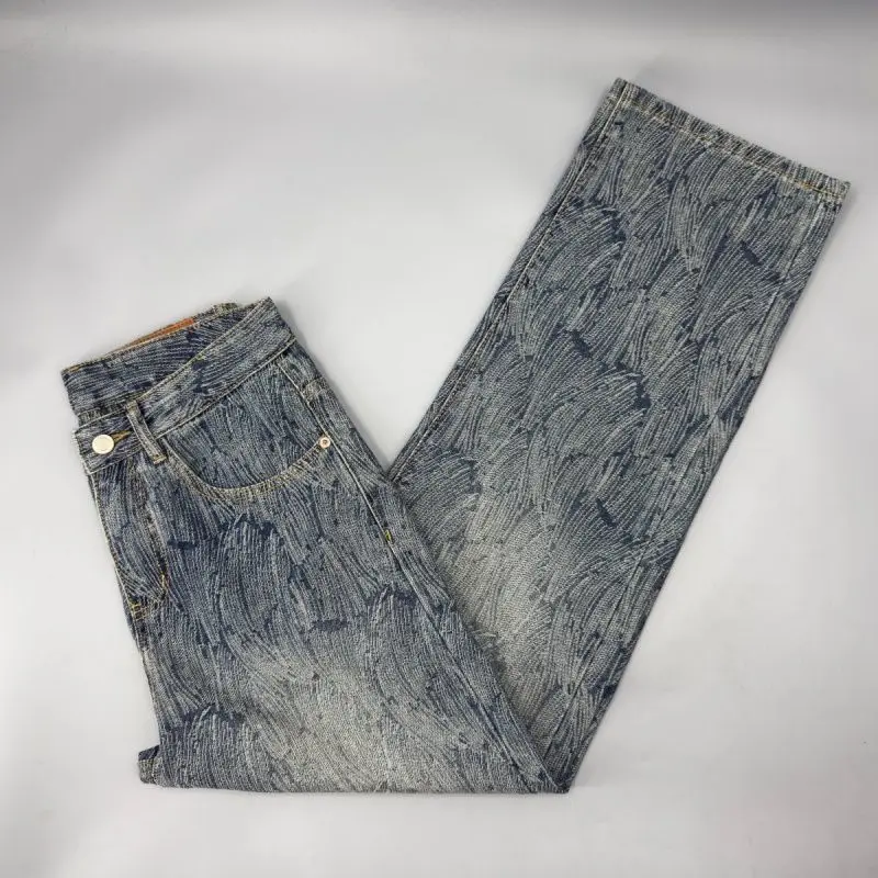 Man Fashion Men's American High-end Jacquard Jeans Loose Straight Tube Old Color Street Ruffian Handsome Soft Casual Long Pants