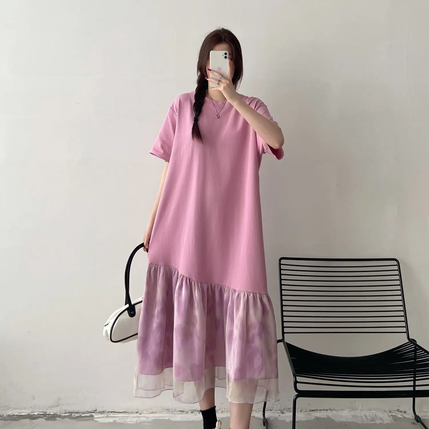 Robes d'été surdimensionnées en Patchwork, ample, assortie avec tout, t-shirt en fil de filet, vêtements pour femmes, robe longue irrégulière simple