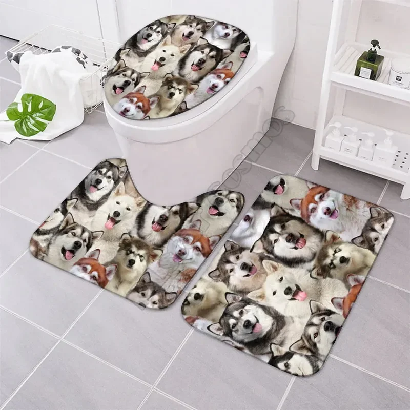 A Bunch Of Alaskan Malamutes Bathroom Mat Set Three-piece set 3D printed Bathroom Pedestal Rug Lid Toilet Cover Bath Mat Set