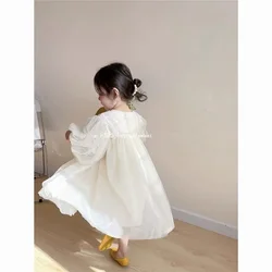 Girls Casual Dresses Casual Simple Loose Sweet  Korean Korean Princess Style Lace Ball Gown Children Clothing Solid