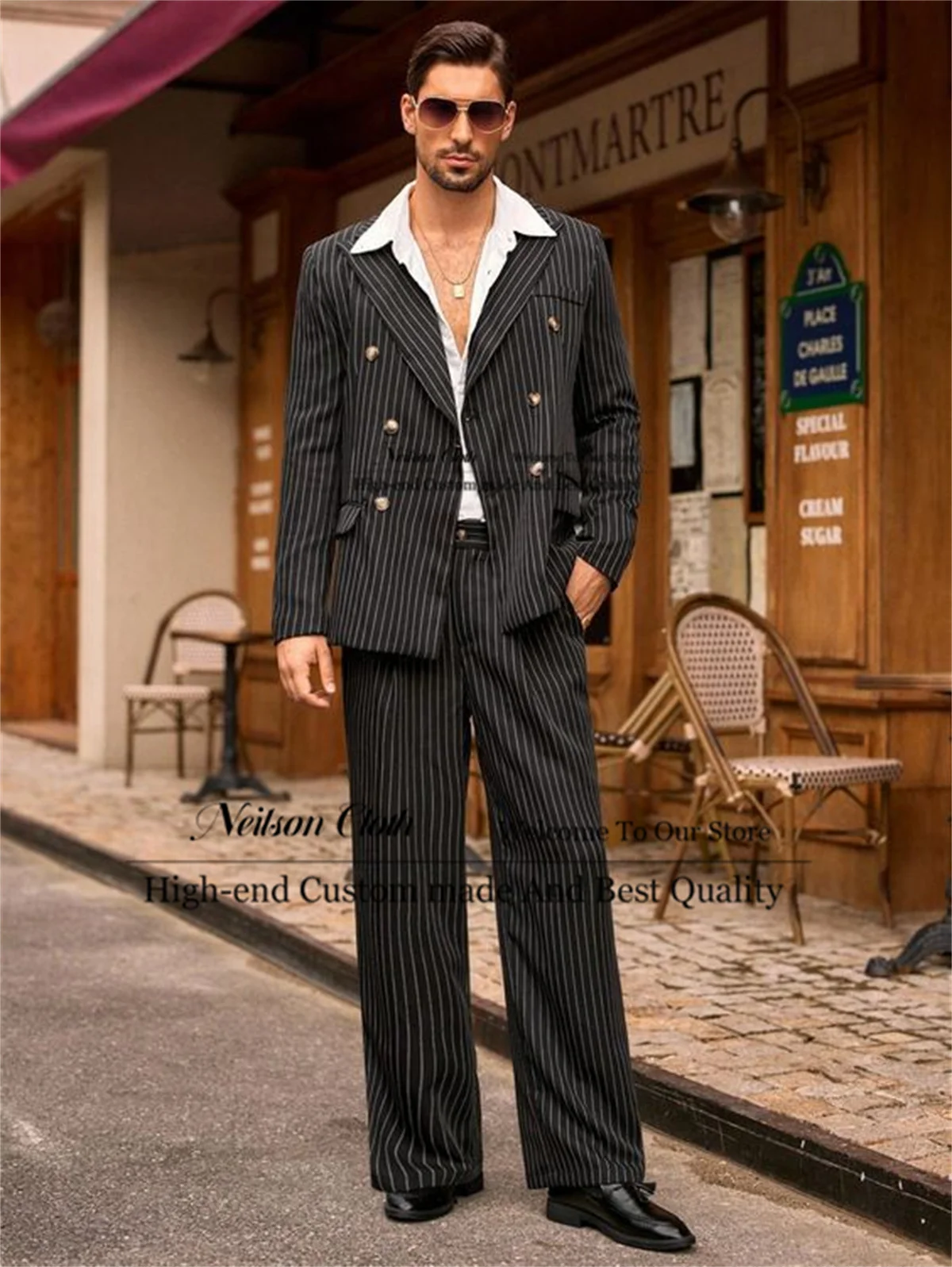 

Black Stripe Male Prom Blazers 2 Pcs Sets Peaked Lapel Groom Wedding Tuxedos Double Breasted Customized Slim Fit Costume Homme