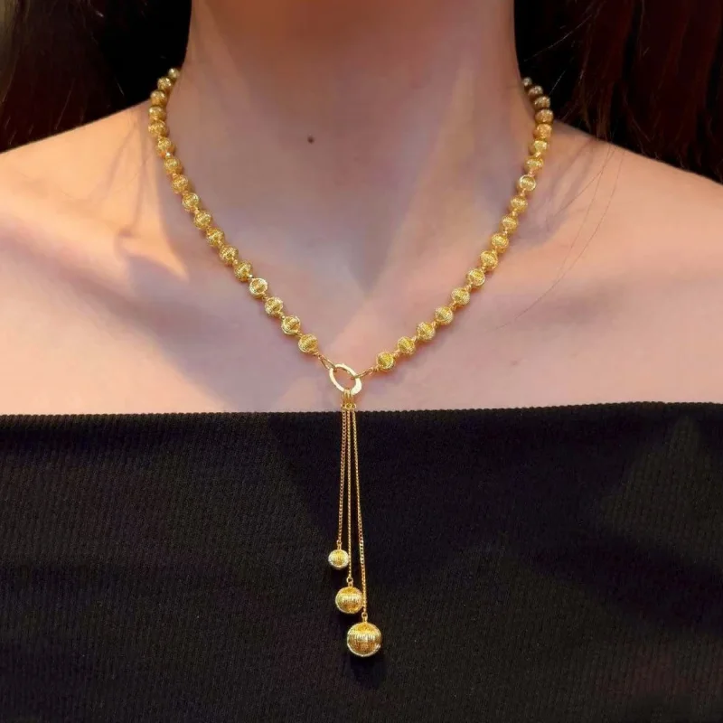 Luxury 100% Real 24K Gold Cat Eye Tassel Necklace, Brushed Beads Choker, Versatile Jewelry Gift For Girlfriend