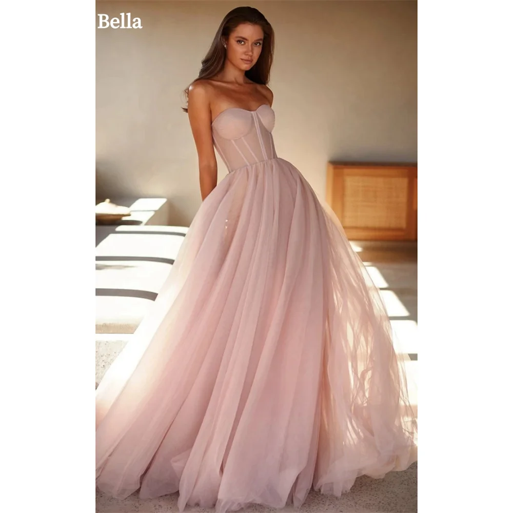 Bella Pink Strapless Tulle Evening Dress Elegant Sleeveless فستان حفلات الزفاف Floor-length Heart Shape Neck Wedding Dress 2024