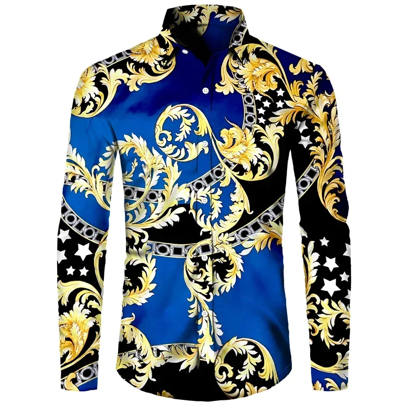 Luxury gold flower chain 3D printed men\'s long sleeved shirt with lapel and button down shirt, casual men\'s designer clothing, s