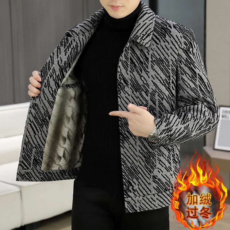 

Striped Men's Warm Woolen Jacket Autumn Winter Men Added Velvet Thick Woolen Coat Casual Business Lapel Wool Blends Jackets