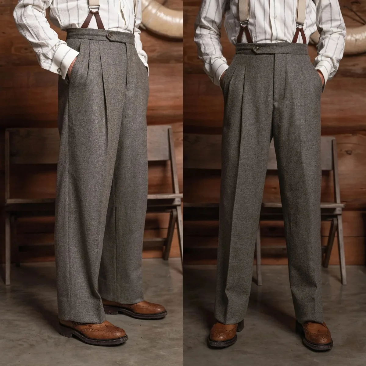 Customized Men Long Trousers Wide Leg High Waist Double Pleated British Business Pants Casual Formal Dress Pant
