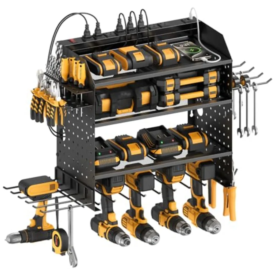 

Модульный органайзер для электроинструментов с USB-зарядной станцией, 4-уровневое хранилище для дрелей и аккумуляторов, настенное крепление для гаража и мастерской