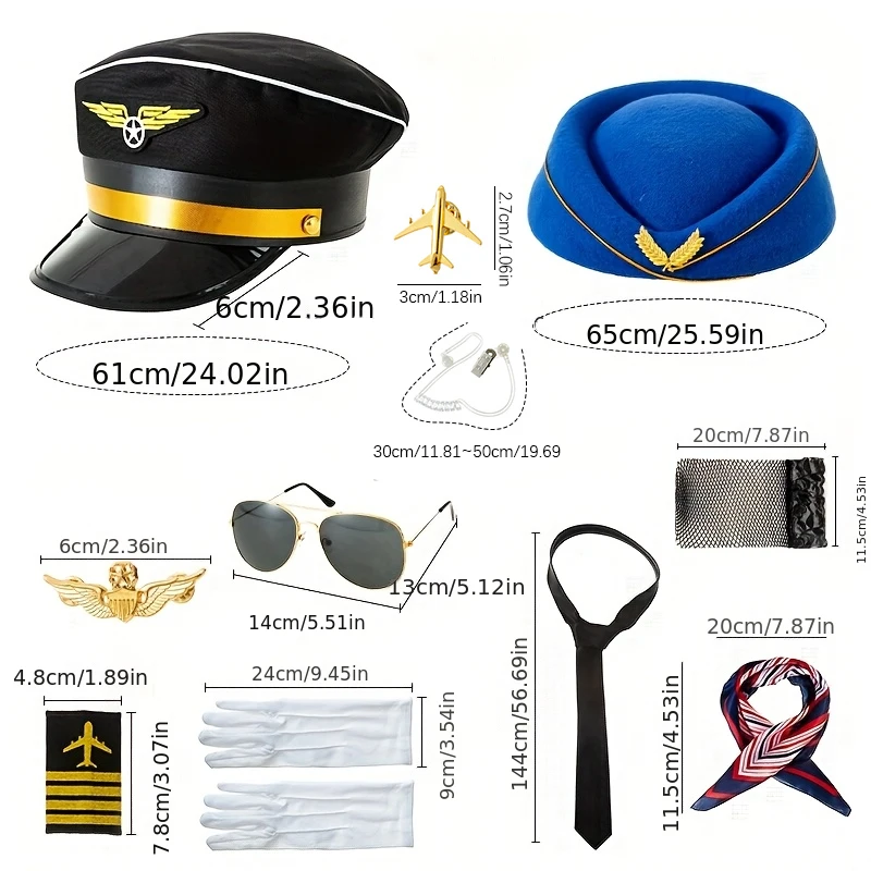 

PESENAR Halloween stewardess clothing accessories, hats, scarves, gloves and other accessories, suitable for role-playing