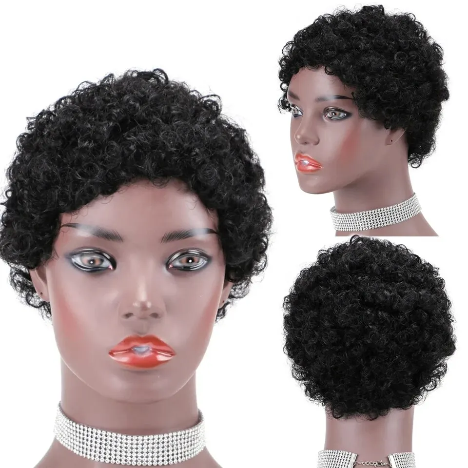 LUXURIOUS Short Pixie Cut Human Hair Glueless Wig Wear And Go Full Machine Made Brazilian Afro Kinky Curly Bob Wigs For Women