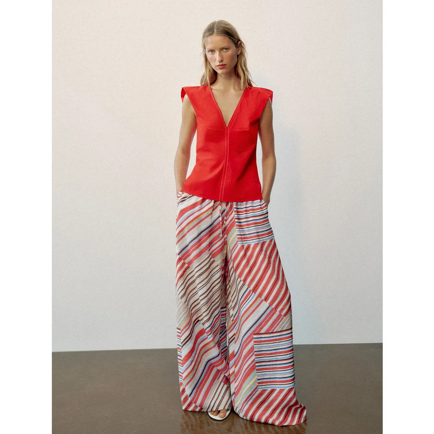 New Autumn Women's Casual High Waist Adjustable Belted Striped Wide Leg Pants Comfortable Polyester Fiber Ladies Trousers