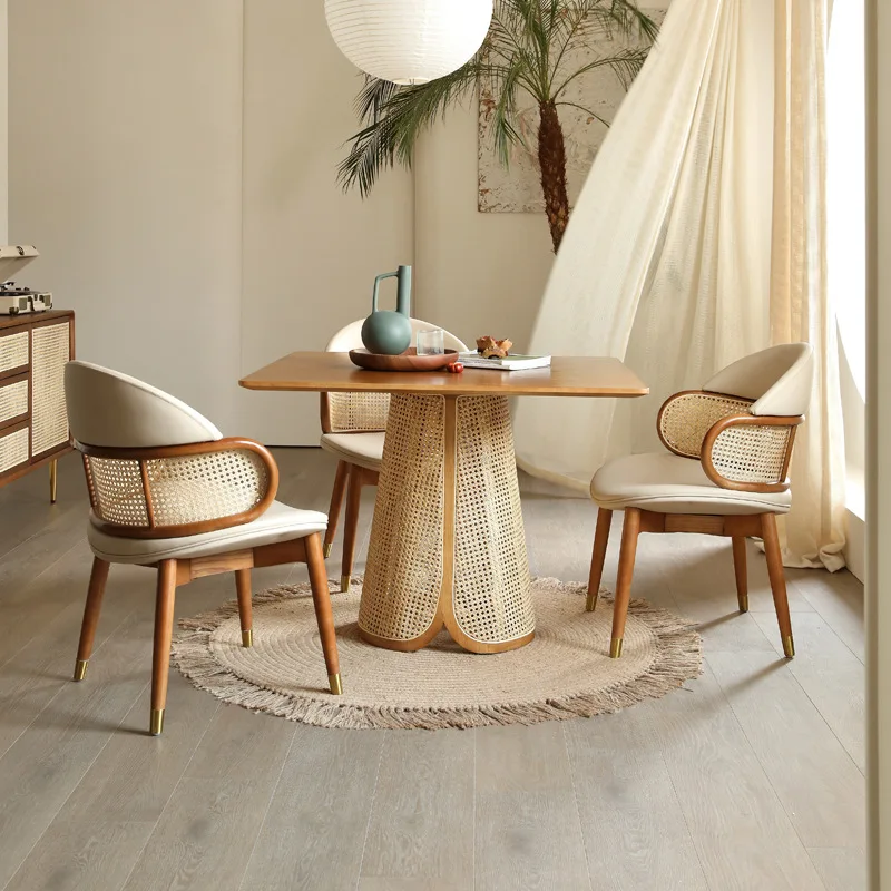 Factory Direct 2026 Nordic wabi-sandy wind solid wood dining table household small apartment creative rattan square dining table