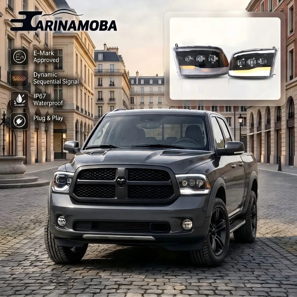CARINAMOBA [E-Mark] Matrix-LED-Projektorscheinwerfer für Dodge Ram 1500 2500 3500 2009-2018 Dynamisches Sequenzielles Signal DRL 2 Stück