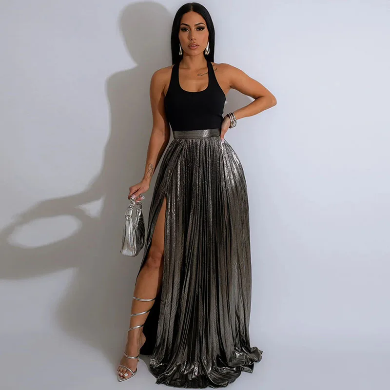 2024 Metallic Maxi Skirts for Women Y2K High Waist Split Pleated A-line Long Skirt Clubwear Party Night Prom Jupe Longues Femme