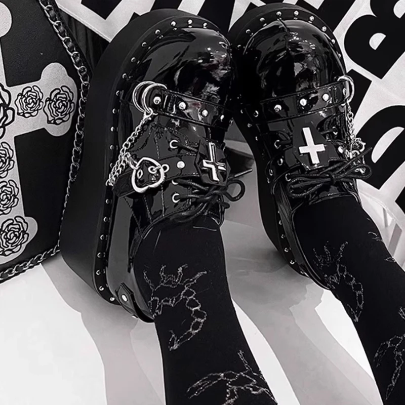 

Original Dark Goth Punk Hottie Platform Muffin Shoes for Women Yabi Y2k Platform Leather Shoes Round Head Single Shoes for Women
