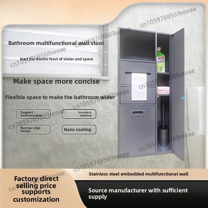 

Embedded Stainless Steel Niche Toilet, Bathroom Concealed Toilet Next To Storage Rack Trash Can