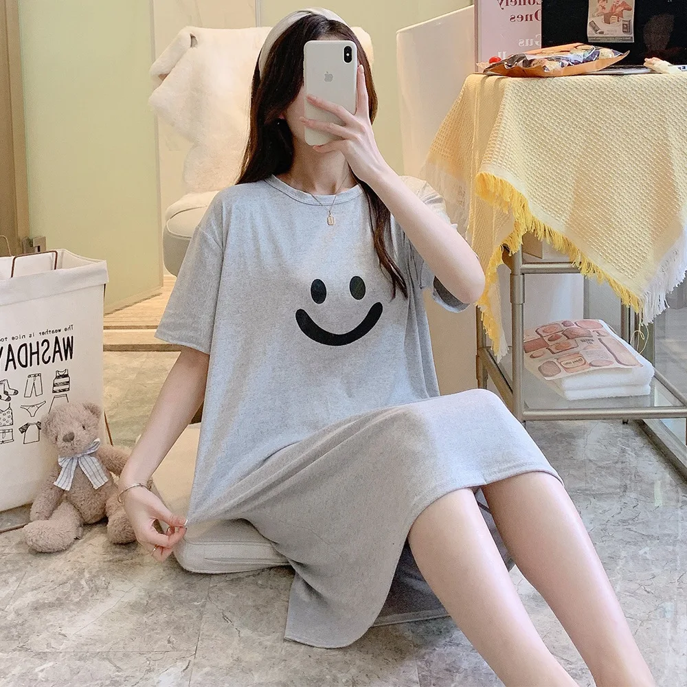New Summer Women Simple Small Smiley Face Nightdress Girls Round Neck Loose Cute Nightgowns Lady Solid Color Casual Loungewear