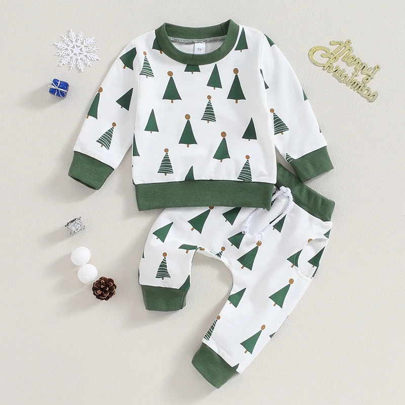 

0-36months Boys 2-Piece Outfit with Long Sleeve Christmas Tree Print Sweatshirt Top and Drawstring Pants Clothes For Baby Boys