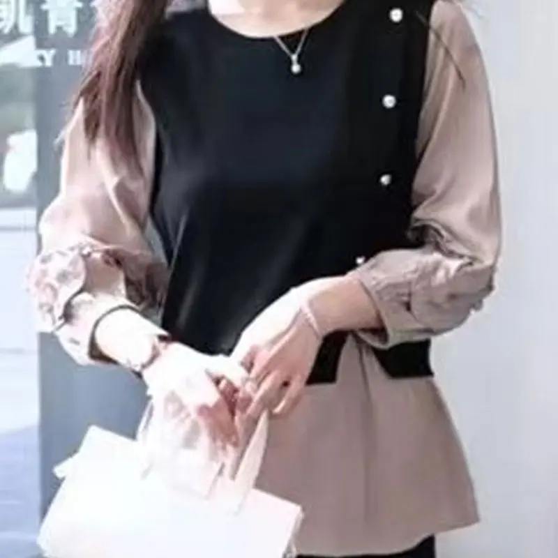 Office Lady Casual Round Neck Fake Two Pieces Blouse Spring Autumn All-match Patchwork Stylish Button Female Ruffles Loose Shirt