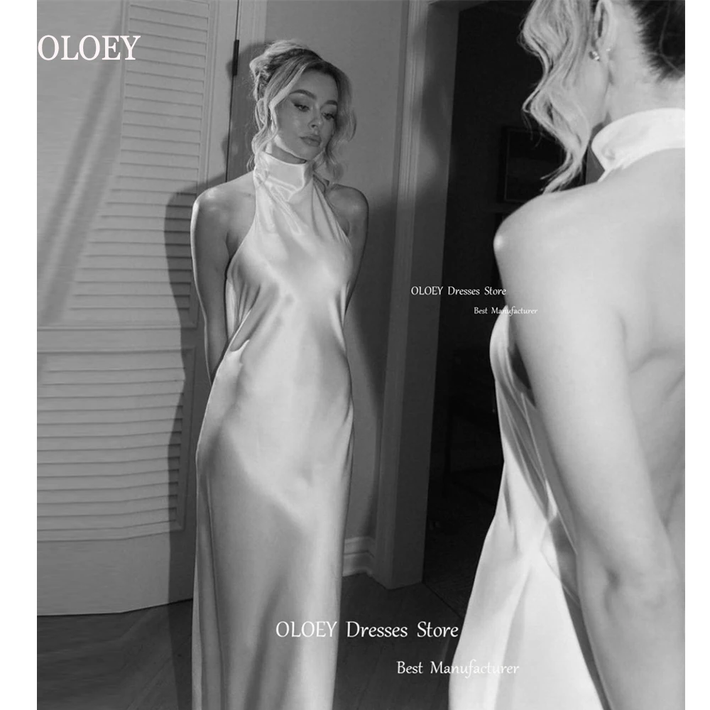 OLOEY Sexy Backless Silk Satin Wedding Dresses High Neck Straight Country Women Simple Bride Gowns White Formal Party Dress