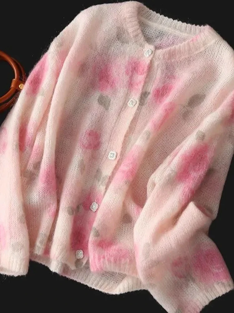 เสื้อคาร์ดิแกนไหมพรมลายดอกไม้สุดหรูสำหรับผู้หญิง แขนยาว สไตล์วินเทจ ทรงหลวม คอโอ ติดกระดุมแถวเดียว เหมาะสำหรับฤดูใบไม้ร่วง