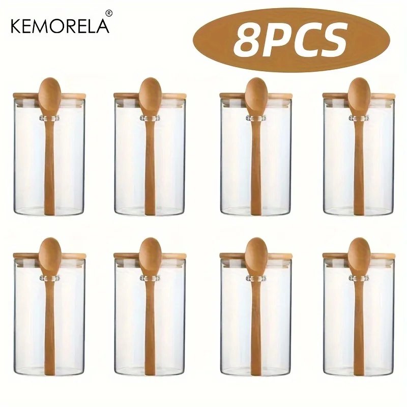 KEMORELA 8PCS 360ml Airtight Glass Jars With Lids Spoons Clear Candy Spice Oatmeal Jars Food Storage Containers Kitchen Storage