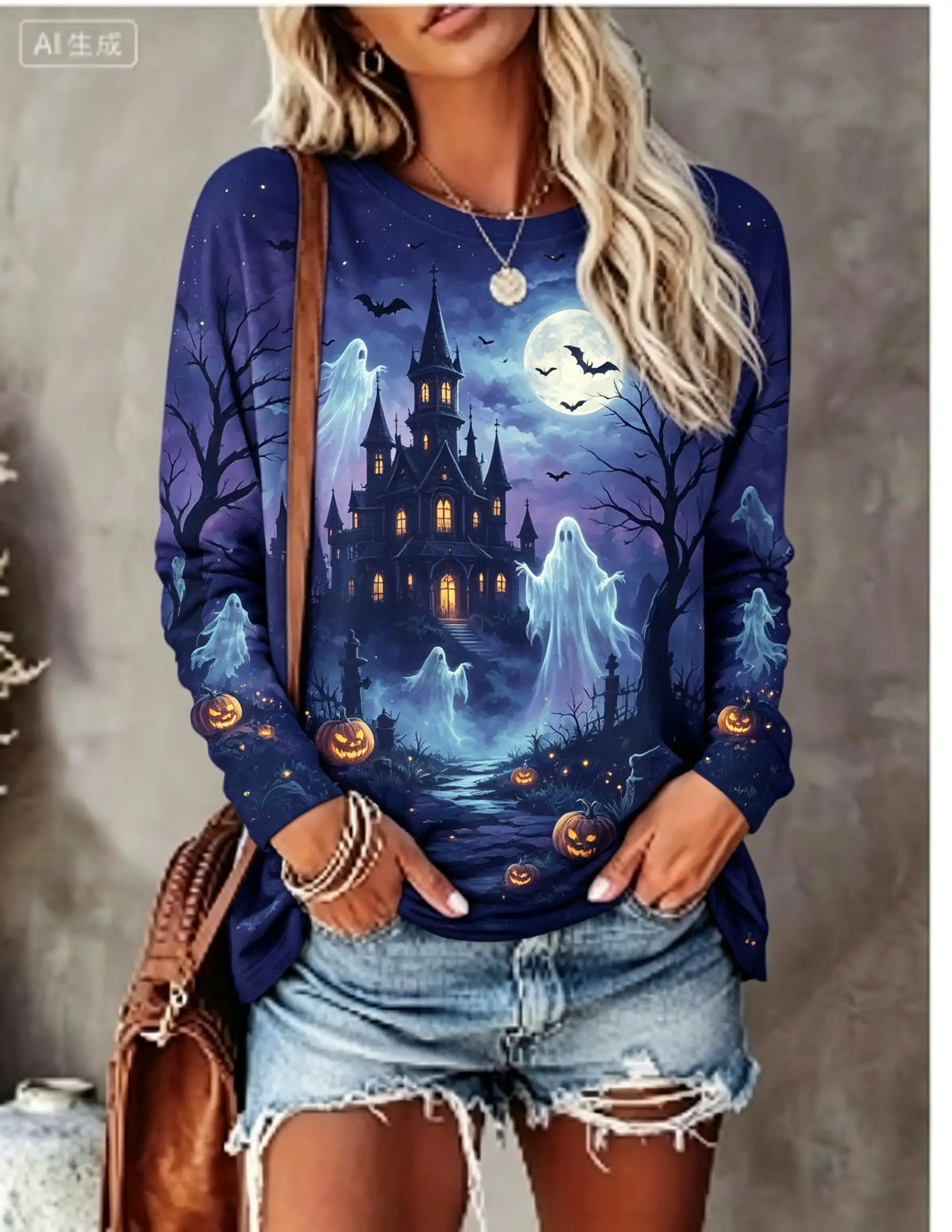 Women Halloween Long Sleeve T‑Shirt Witch Silhouette Full Moon Pumpkin Forest Print Crew Neck Tops