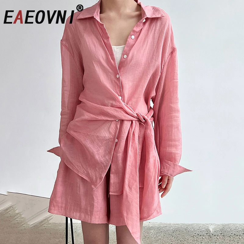 

EAEOVNI Summer Sunscreen Women 2 Piece Set Fashion Irregular Bandage Waist Shirt + Mini Shorts Casual 2025 New Clothing 1A1188