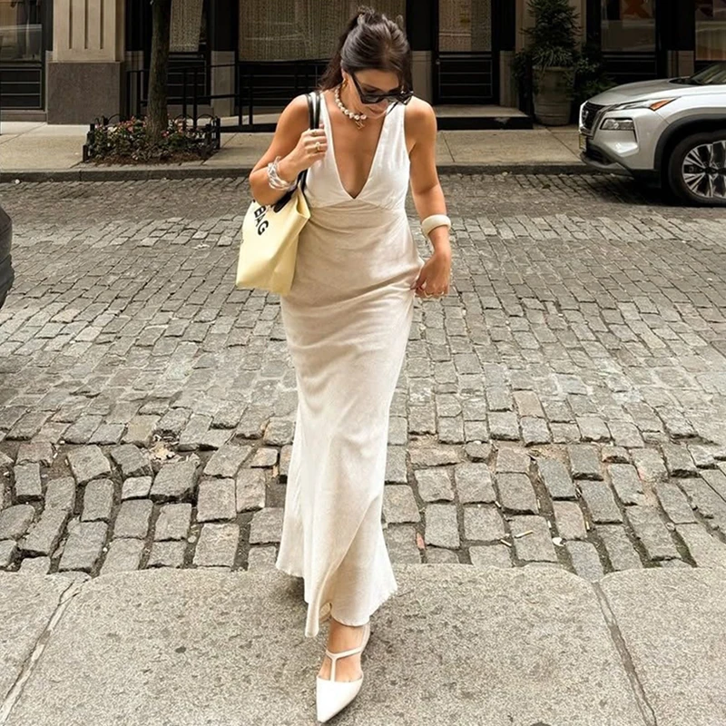 

Tornova 2026 Summer New Vacation Long Dress Women Slim V neck Sleeveless Lace Up Dress Solid Casual Sexy Plunge Dress High Waist