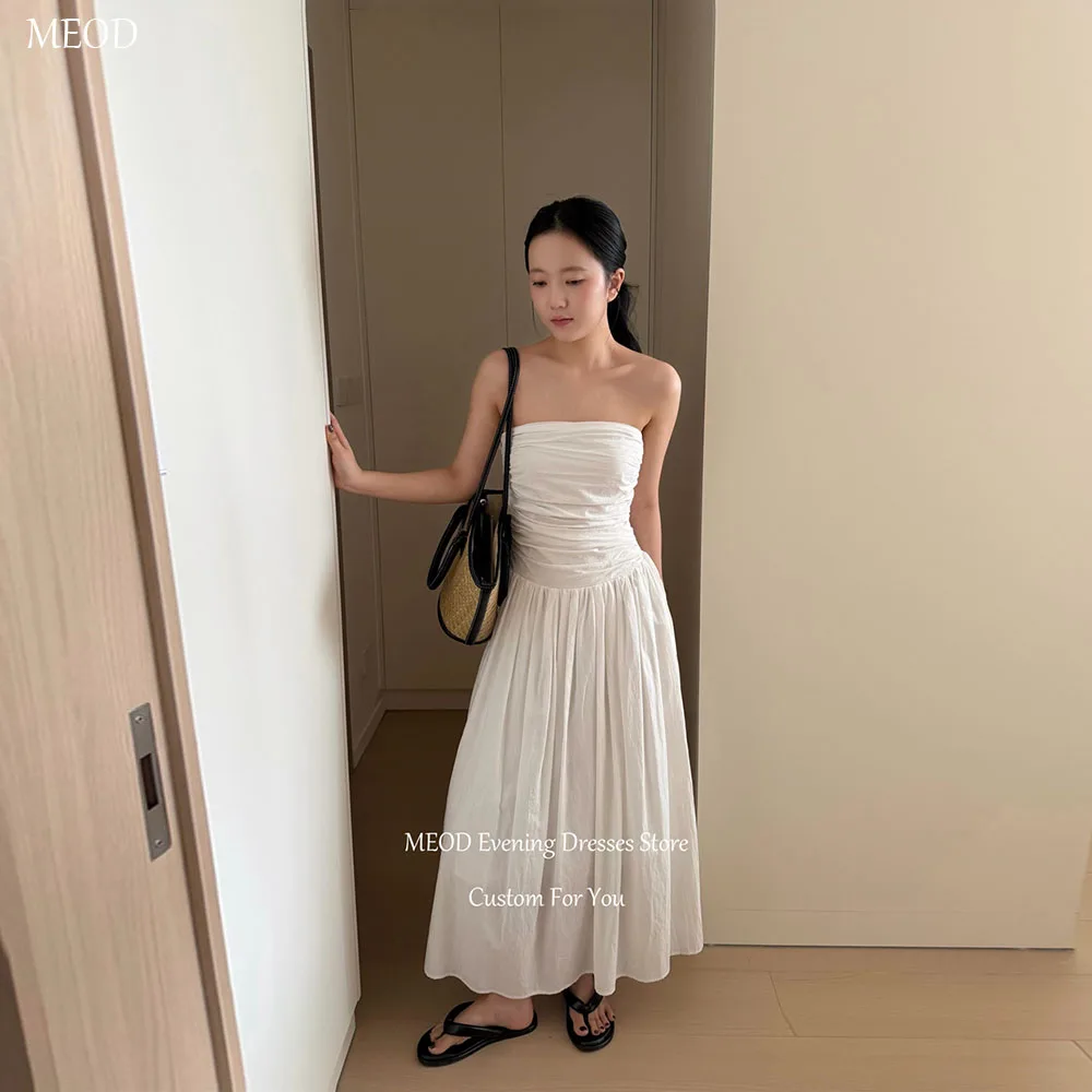 MEOD White Strapless A Line Korea Wedding Dress Sleeveless Satin Vestido Noiva Ankle Length Photo Shoot Wedding Gown Customized