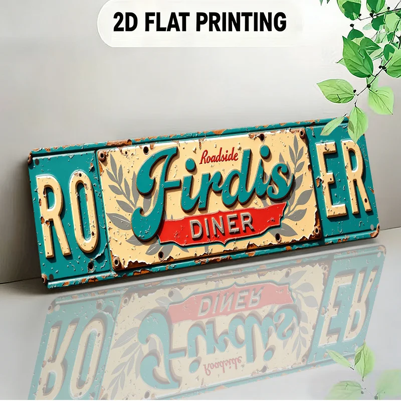 2D Flat, 2D Vintage Design Signboard Rustic Roadside Diner Theme Featuring Decorative Leaf Emblem and Distressed Texture