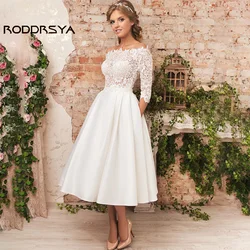 RODDRSYA Vintage Bride Gowns Lace Satin A-Line Wedding Dresses 2023 For Women Long Sleeve Scoop Collar Tea Length Bridal Skirt