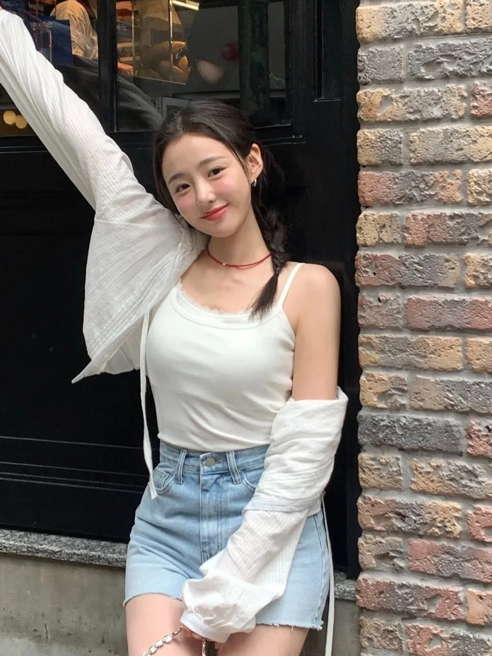 달콤한 여름 새로운 스타일 세련된 프릴 밑단 짧은 민소매 셔츠 허리 Cinching 긴 소매 태양 보호 탑 여성용