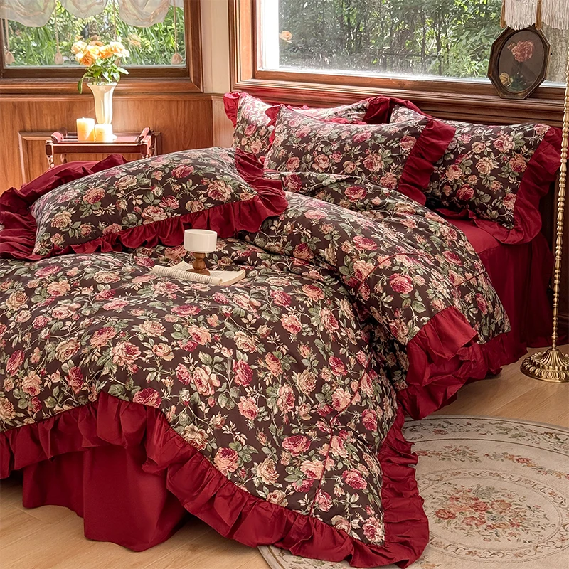 Red Rose Cotton Bed Skirt,Bedding Set, Duvet Cover, Linen Fitted Sheet, Pillowcases, Home Textile