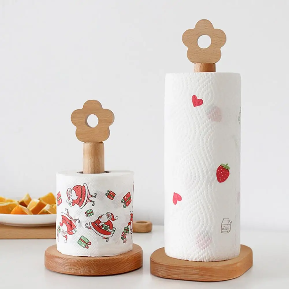 Wooden Roll Paper Rack Flower Shape Top Rotating Paper Towel Holder Napkin Stand Anti-Slip Standing Tissue Roll Paper Stand