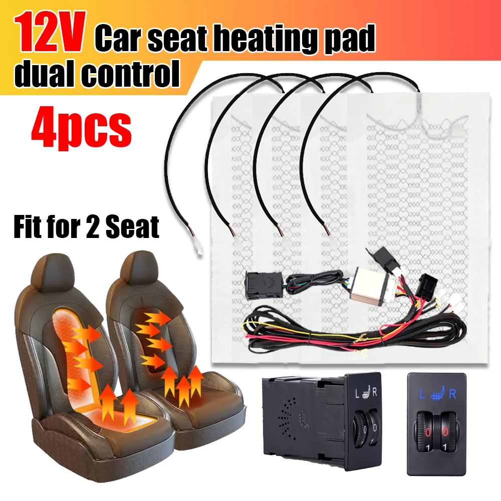 Universal Car Seat Heater Kit Fit 2 Seats 12V Carbon Fiber Heating Pad Dual Dial 5 Level Square Control Winter Warmer Seat Cover