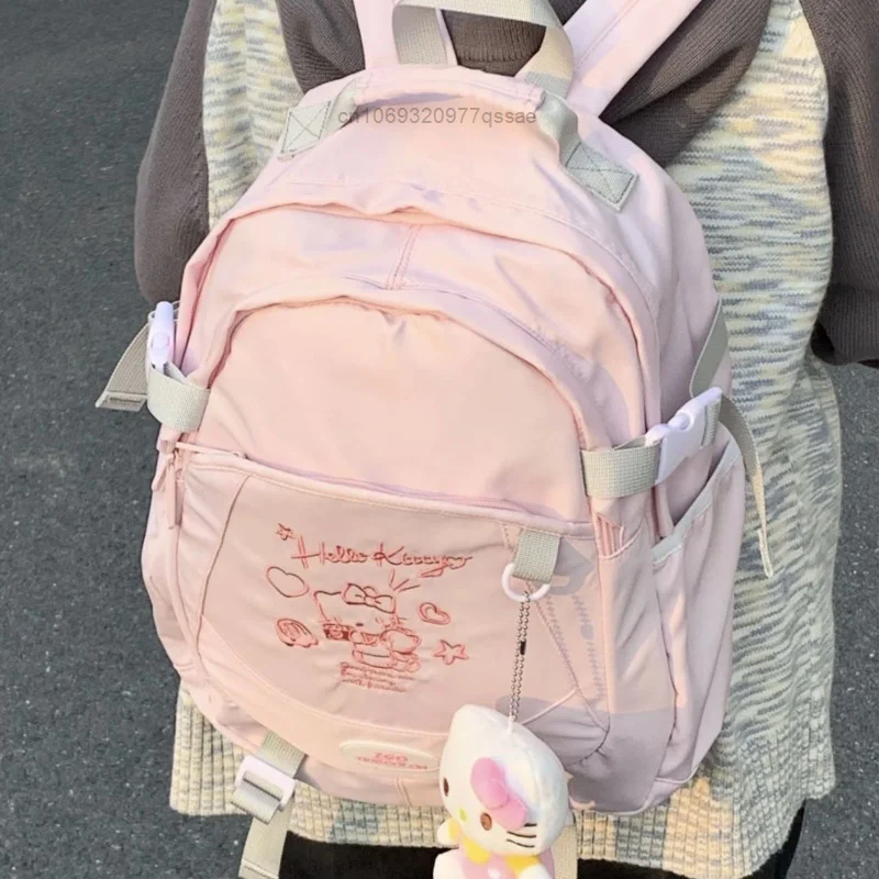 Sanrio mochilas con patrón bordado de Hello Kitty, mochilas escolares de alta estética, mochila grande para estudiantes universitarios con dibujos