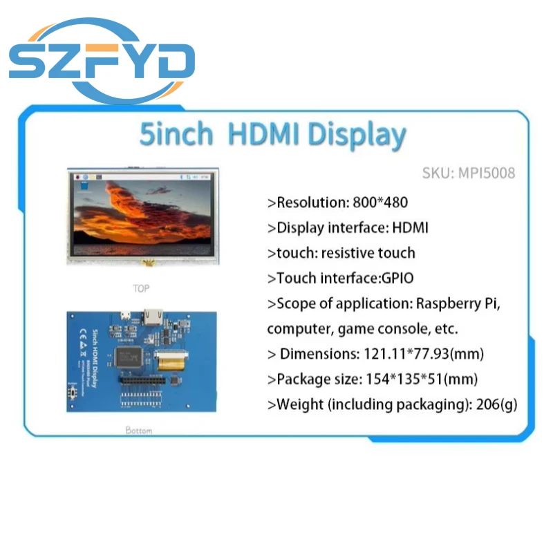 Pantalla Raspberry Pi de 5 pulgadas, 800x480 px, 4B/3B, IPS, USB, 5V, condensador de potencia, pantalla táctil, Compatible con HDMI