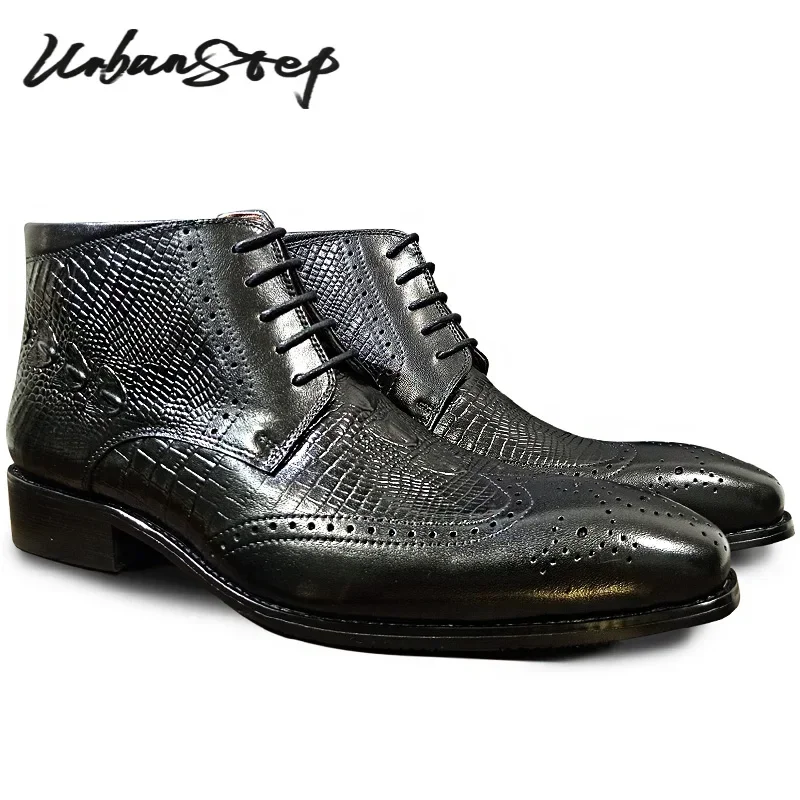 LUXURY MEN'S ANKLE BOOTS SHOES BLACK BROWN WING TIP CROCODILE PRINT LACE UP MENS DRESS SHOES GENUINE LEATHER BOOTS MEN