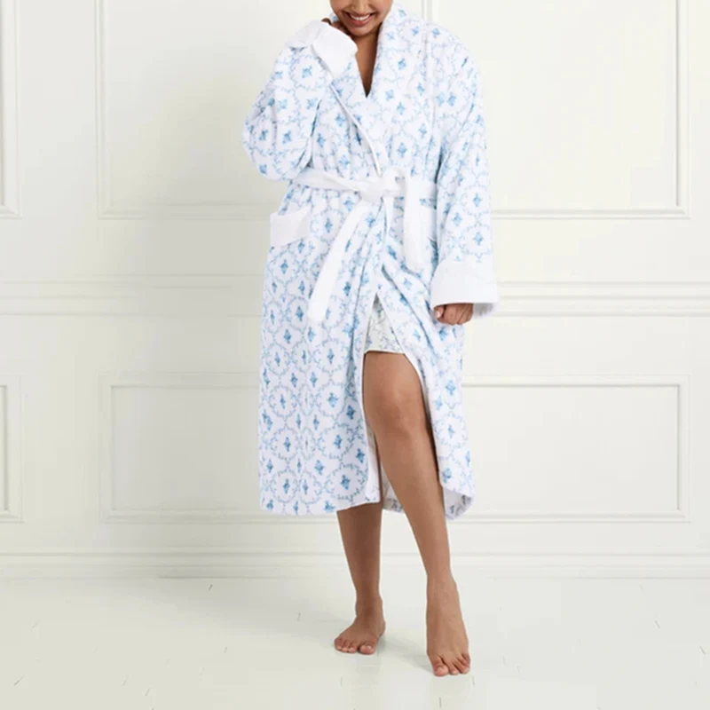 Women Fall Winter Prints Robes with Pockets Retro Lapel Long Sleeve Cozy Sleepwear Comfort Soft Long Sleepwear Lounge for Hotel