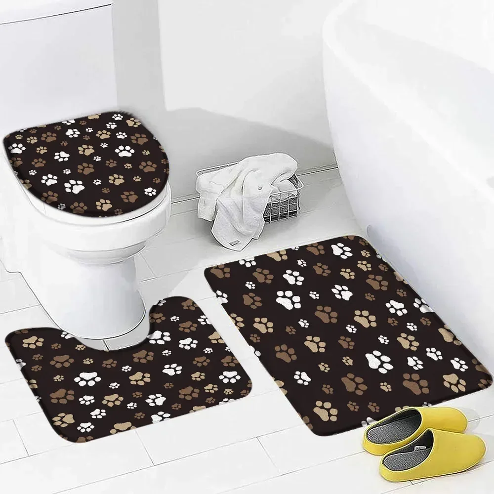 Animal Footprint Bath Mat Set Funny Cat Dog Pattern Print Children Home Carpet Kids Bathroom Decor Non-Slip Rug Toilet Lid Cover