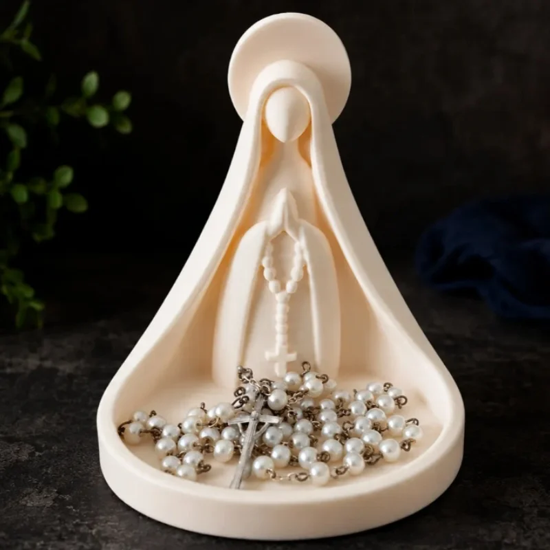 3D Printed Our Lady of Aparecida Rosary Tray Minimalist Virgin Mary Statue Jewelry Holder Tabletop Religious Decor