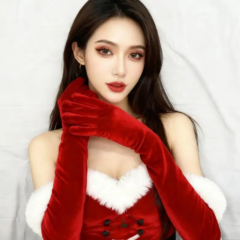 Santa Claus Gloves White Fur Red Velvet Long Gloves Christmas Festive Costume Accessories Mittens Cosplay Performance Props
