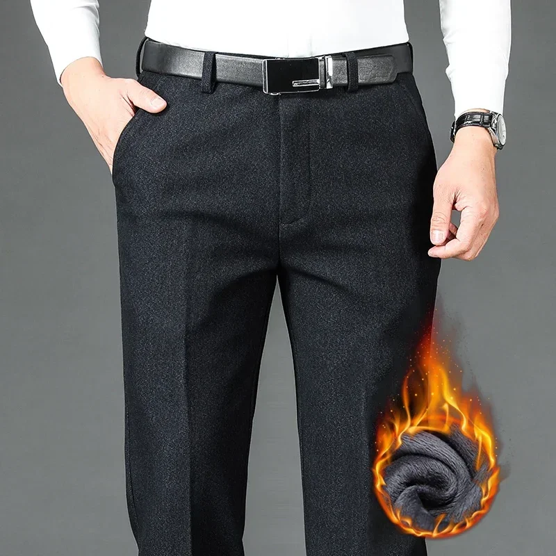 New Winter Men's Business Fleece Warm Straight Casual Pants Classic Style Anti-wrinkle No Ironing Thickened Trousers Male Brand